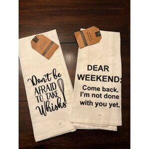 Cotton Kitchen Towels Set Of 2  White With Funny Quotes Moms Weekends